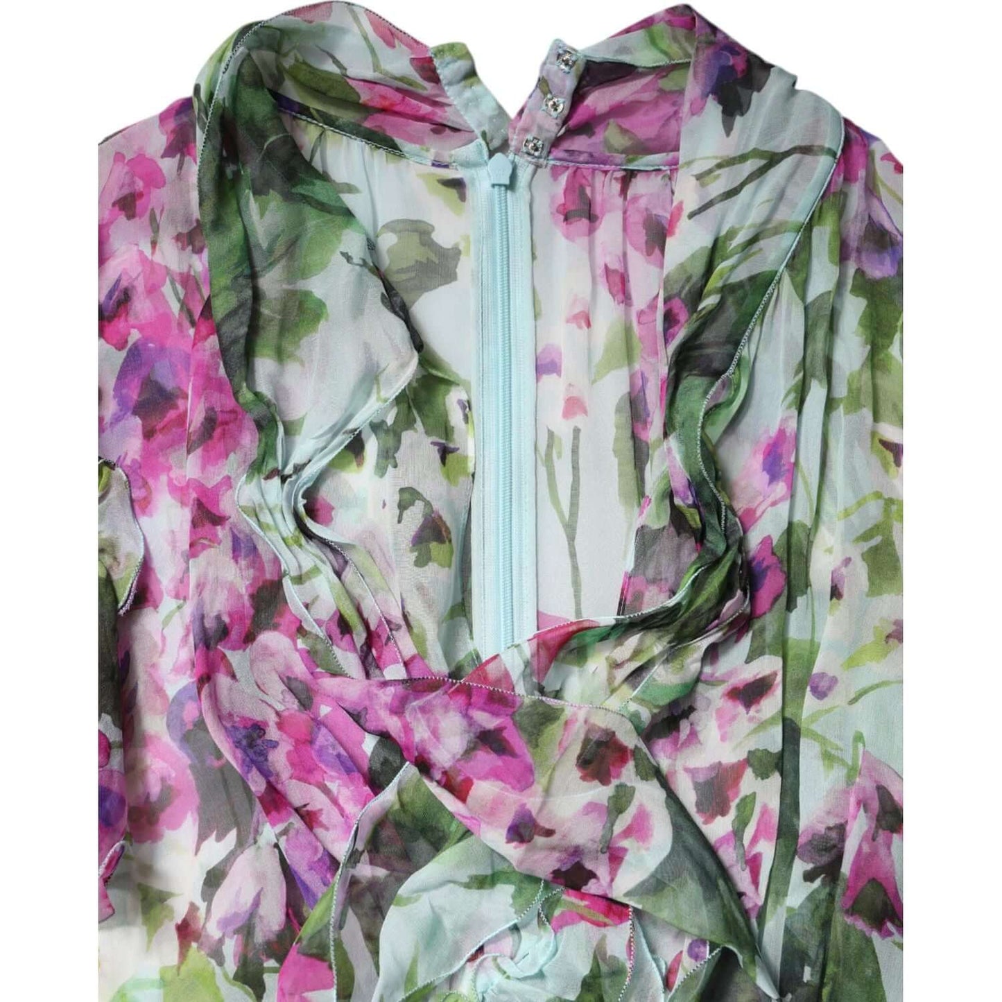 Dolce & Gabbana multicolor floral silk midi dress with layered design and zipper closure, authentic and crafted in Italy.