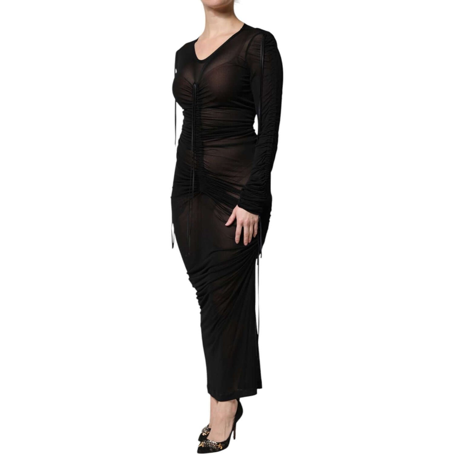 Dolce & Gabbana black mesh trim bodycon long sheath dress with long sleeves and zipper closure, made in Italy.