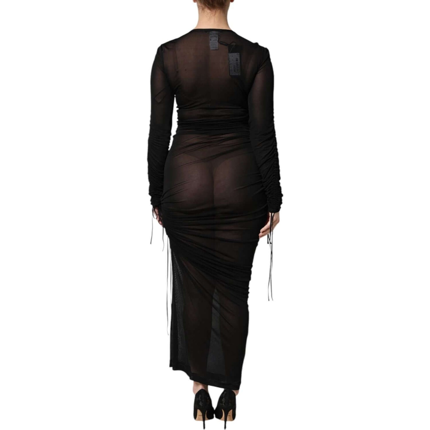 Dolce & Gabbana black mesh trim bodycon long sheath dress with sleeves, rear view, showcasing elegant design and high craftsmanship.