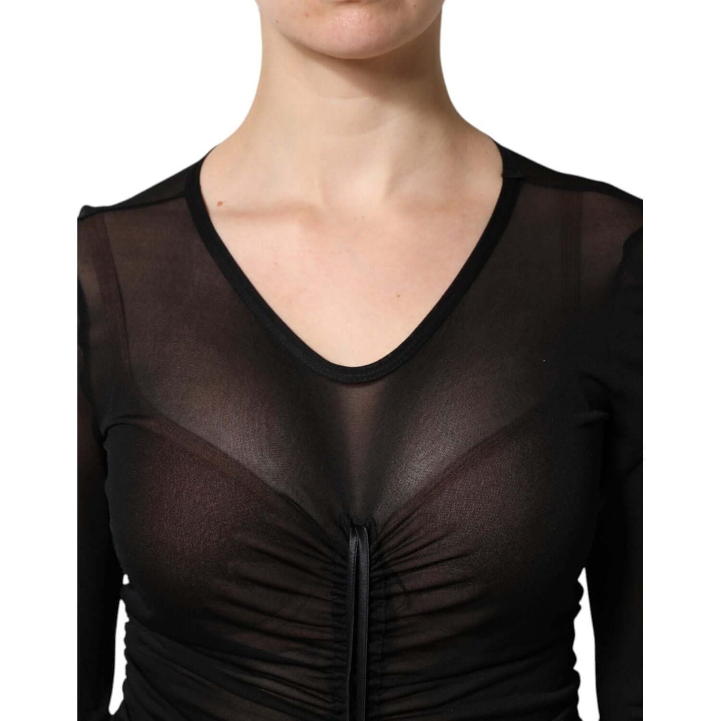 Dolce & Gabbana black mesh trim bodycon dress with long sleeves, featuring tulle fabric and elegant design, made in Italy.