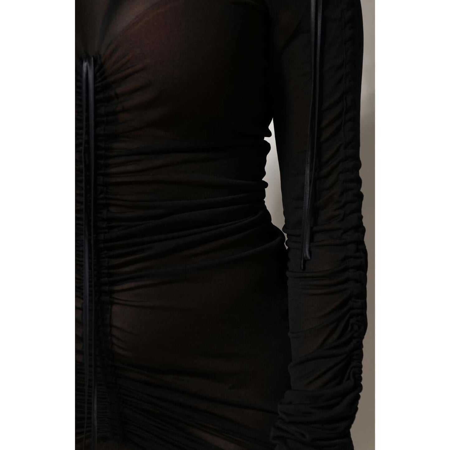 Dolce & Gabbana black mesh trim bodycon long sheath dress with ruched detail and zipper, high craftsmanship, luxury fashion.