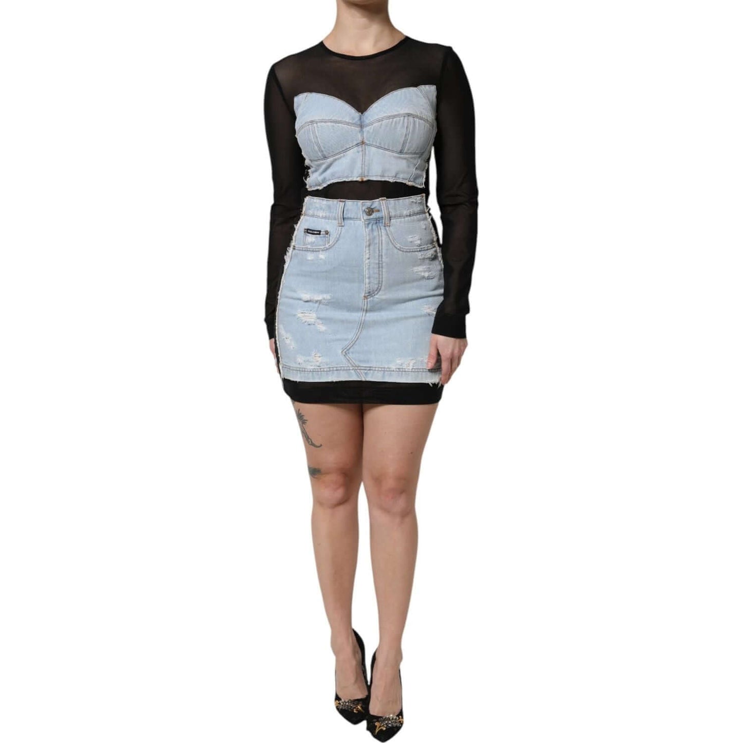 Dolce & Gabbana black and blue long sleeve denim mini dress with zipper closure and logo details, made in Italy, front view.