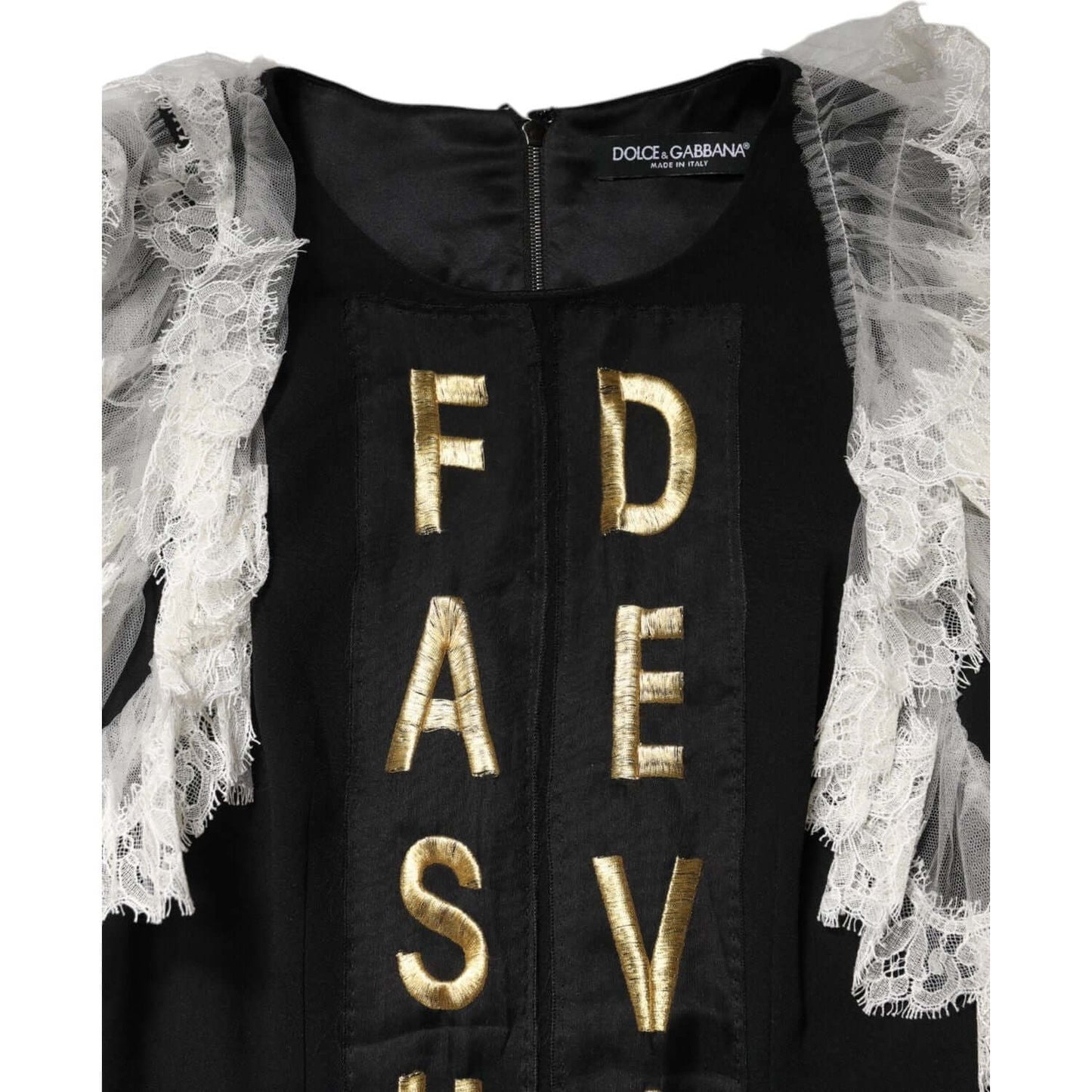 Dolce & Gabbana black mini dress with gold embellishments and lace, showcasing luxury fashion design.