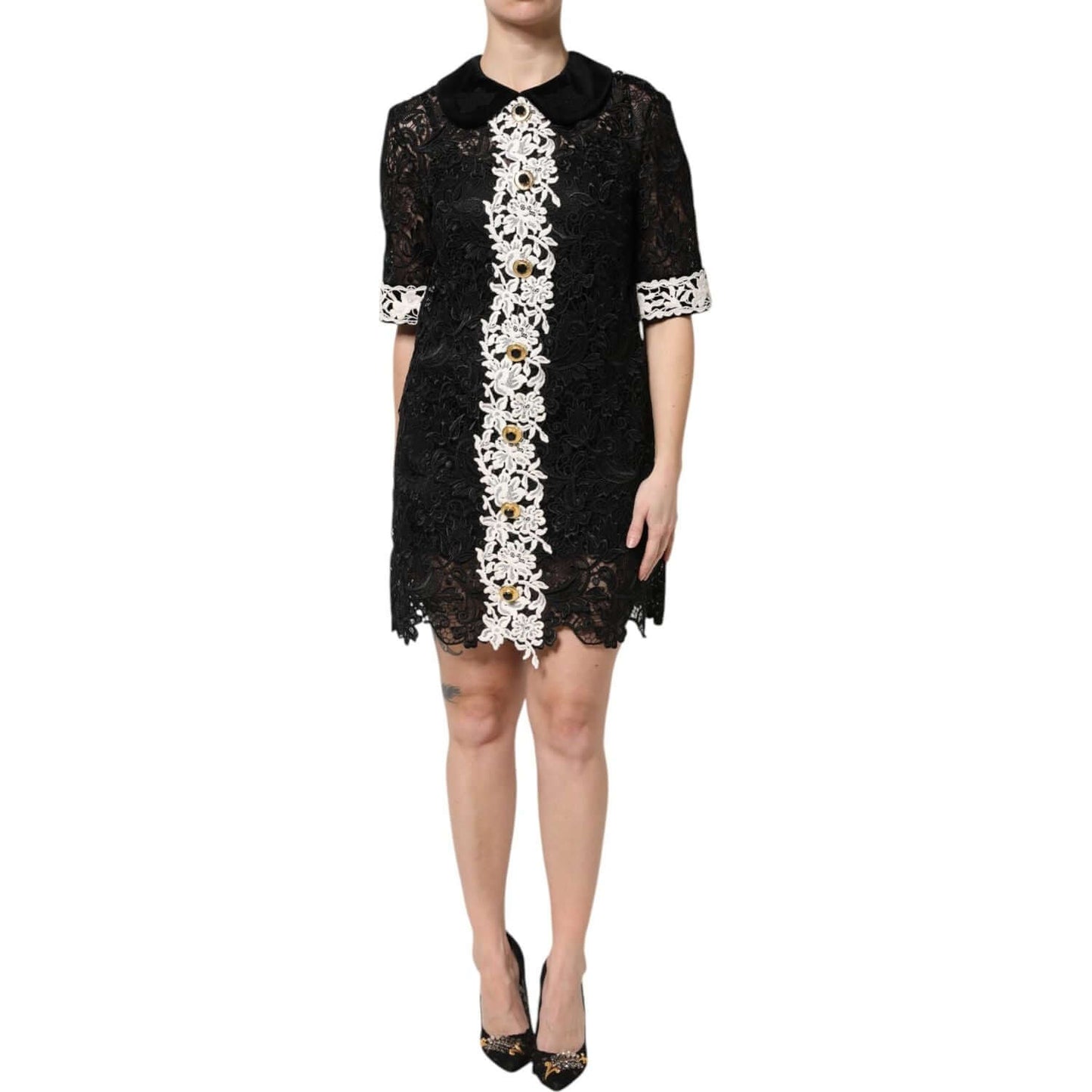 Dolce & Gabbana black floral lace mini dress with white embellishment, zipper closure, model wearing, made in Italy, luxury fashion.