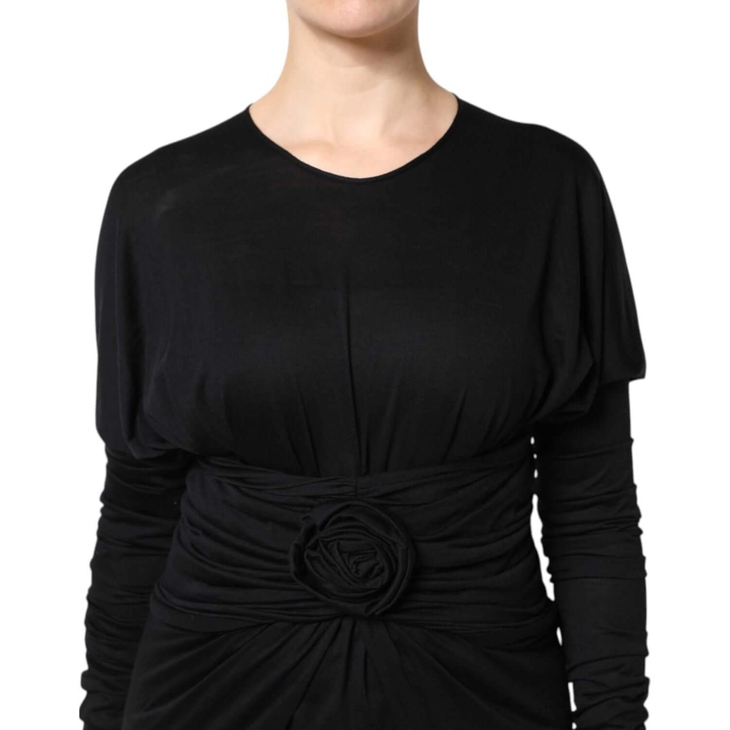 Dolce & Gabbana black wool sheath midi dress with long sleeves, front view showcasing unique waist design, Made in Italy