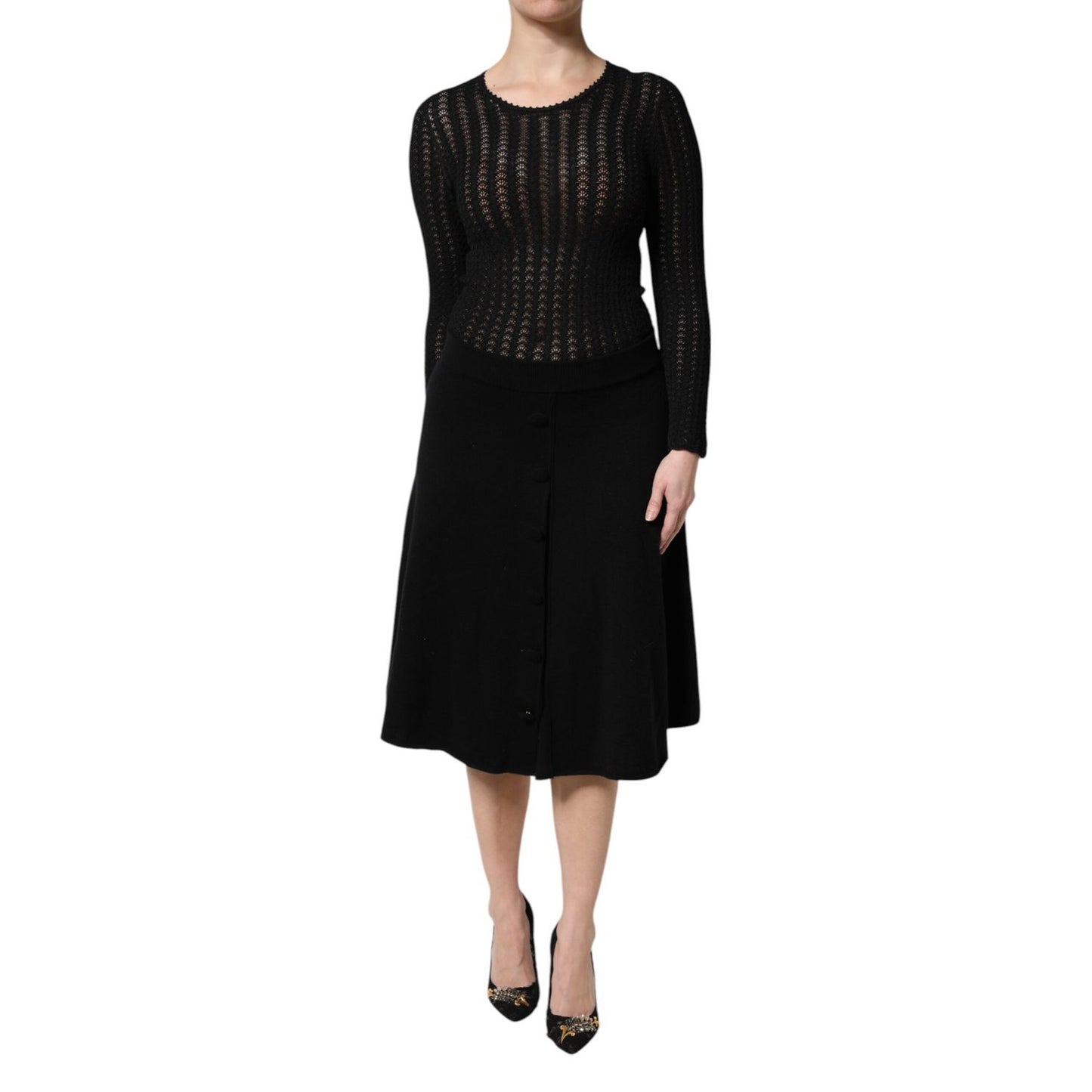 Dolce & Gabbana Black Cashmere Long Sleeves A-line Midi Dress