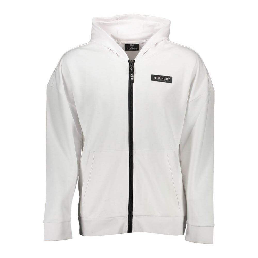 Plein Sport white cotton men's sweater with hood, zip closure, and dynamic details for a chic sport-luxe look.