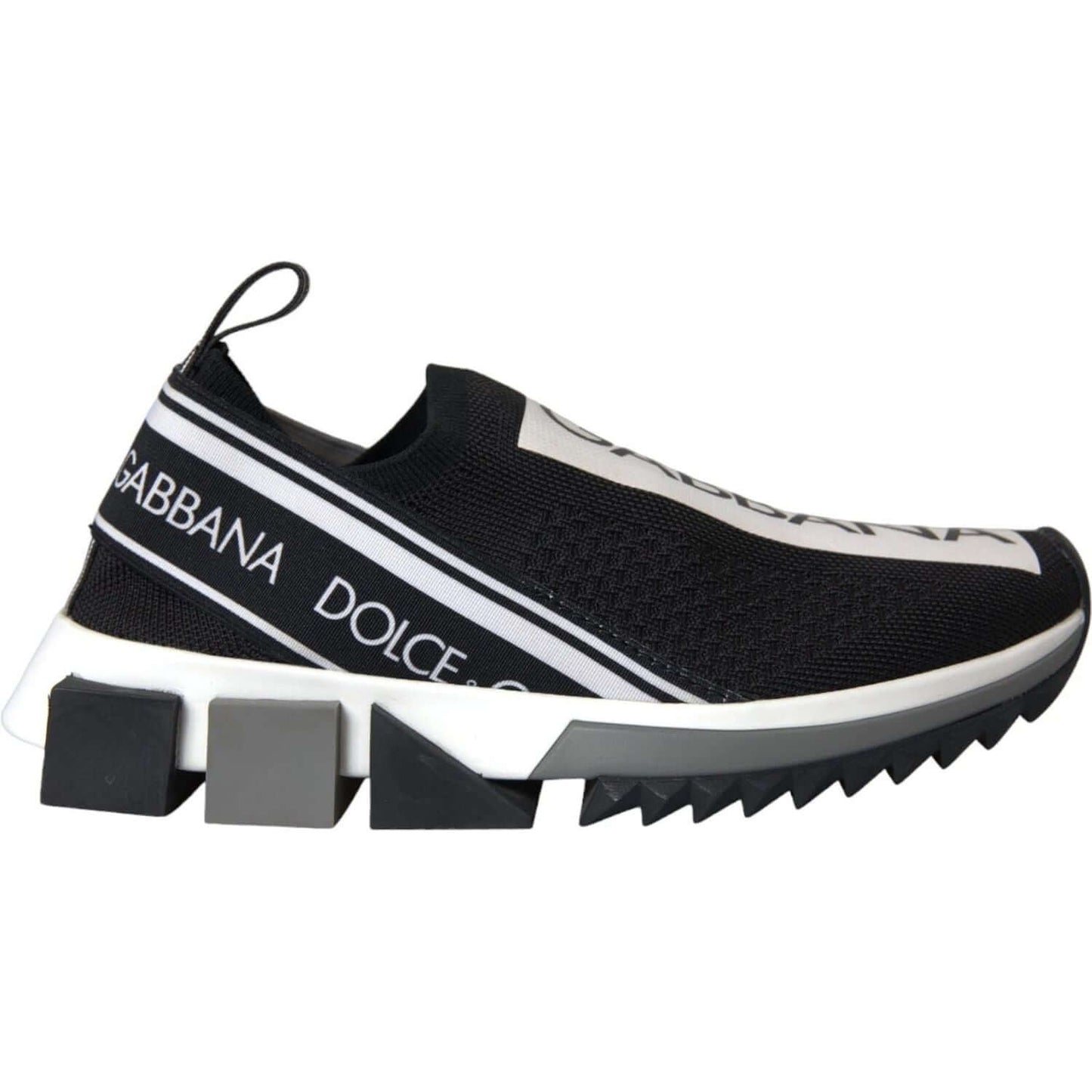 Dolce & Gabbana black and white Sorrento slip-on sneakers with logo print and black rubber sole.
