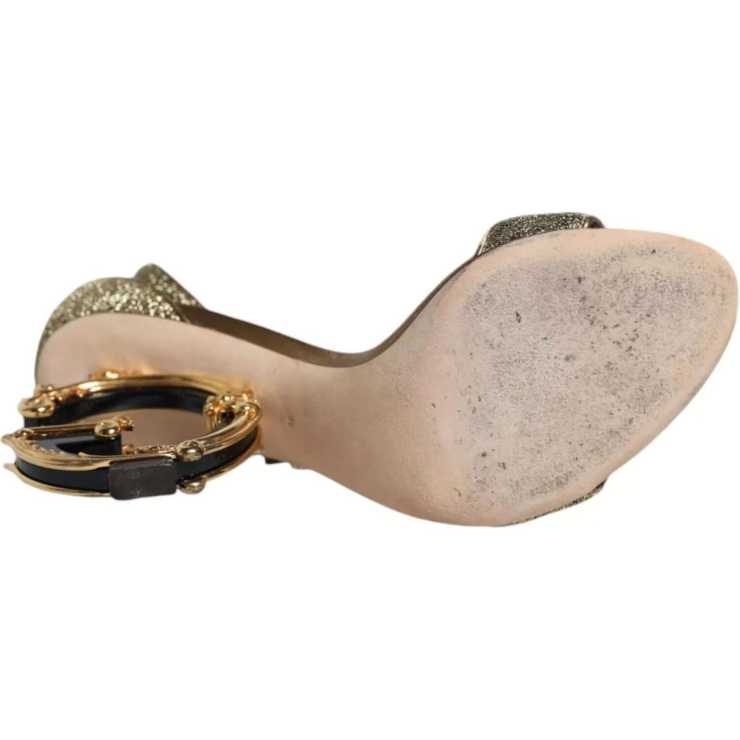 Dolce & Gabbana gold lurex ankle strap heel sandals showing sole and buckle detail, preowned with minor wear.