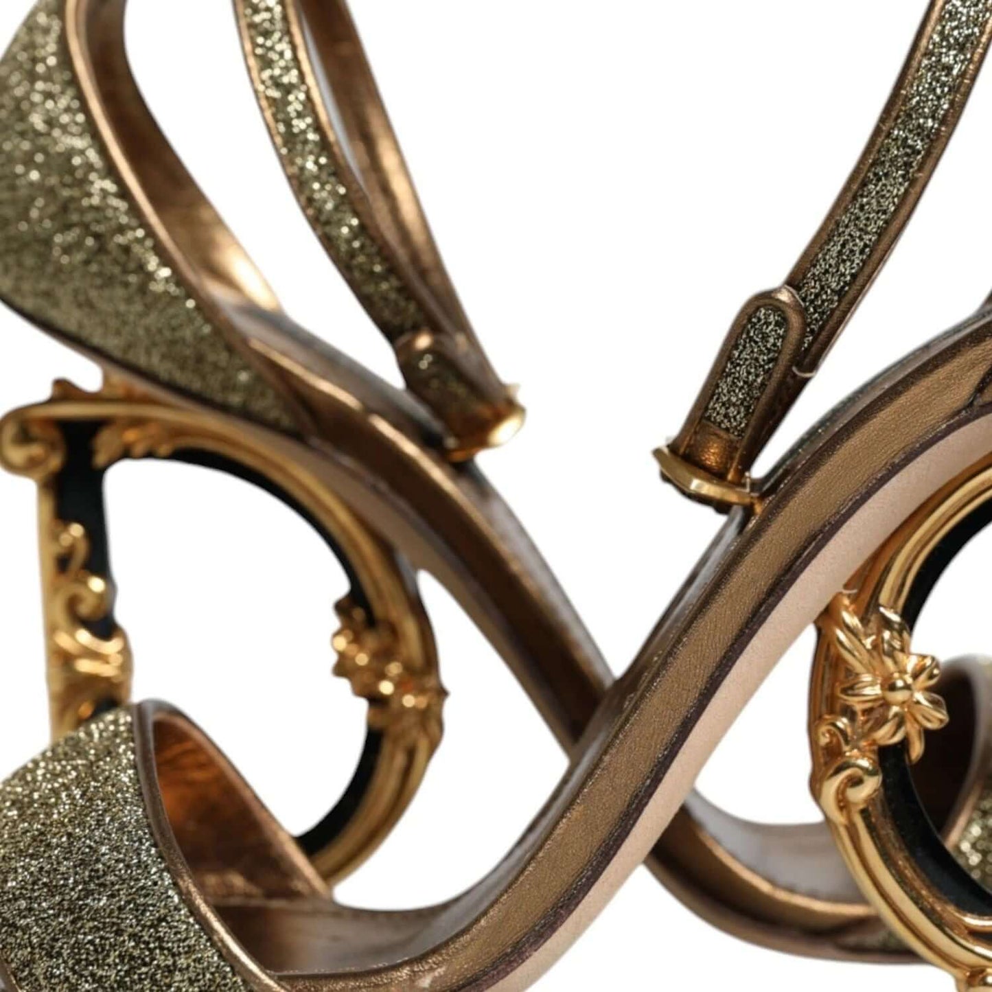 Dolce & Gabbana Gold Lurex Ankle Strap Heel Sandals with logo details and buckle closure, made of lamb leather and nylon.