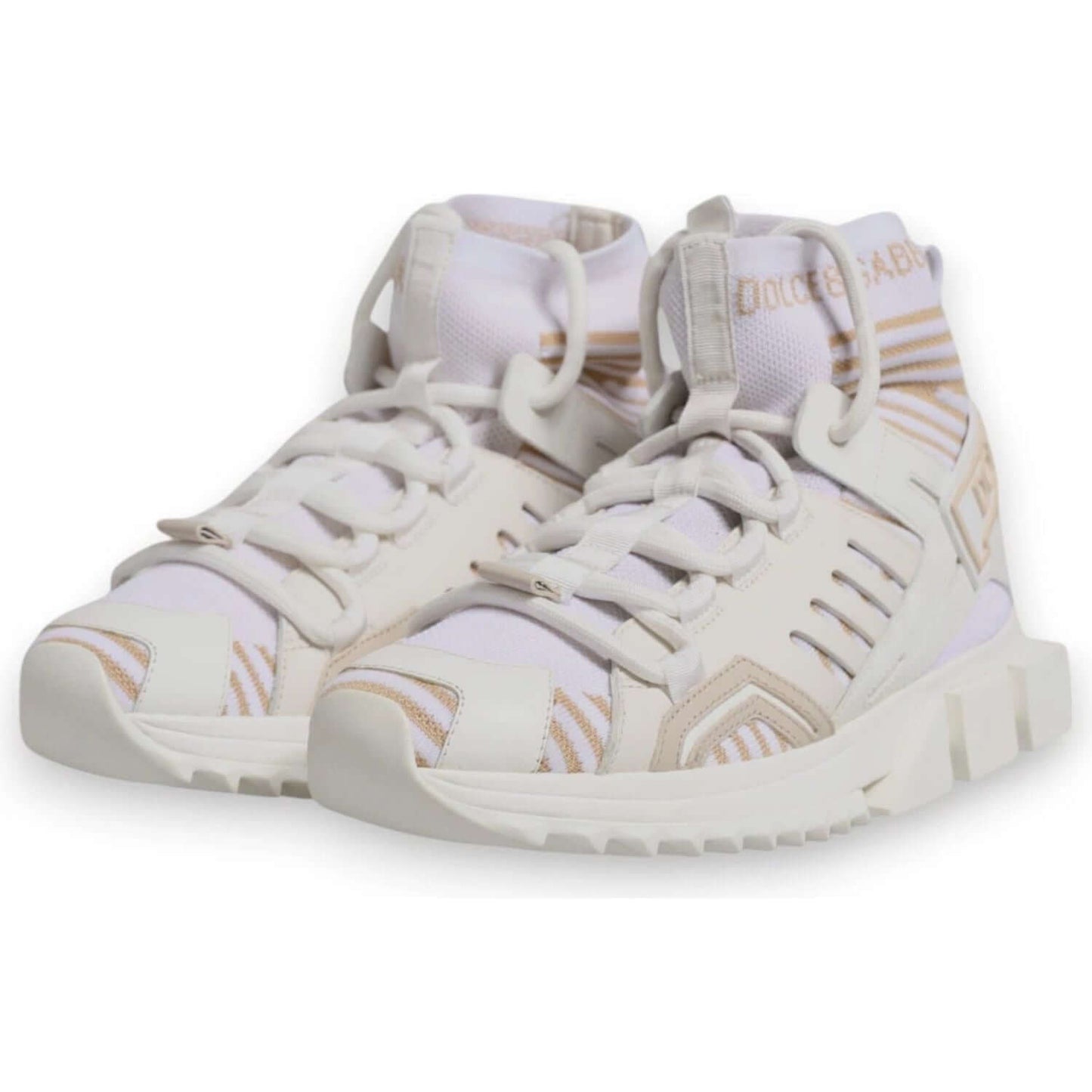 Dolce & Gabbana Sorrento white high top sock sneakers with logo, rubber sole, and lace up closure made in Italy.