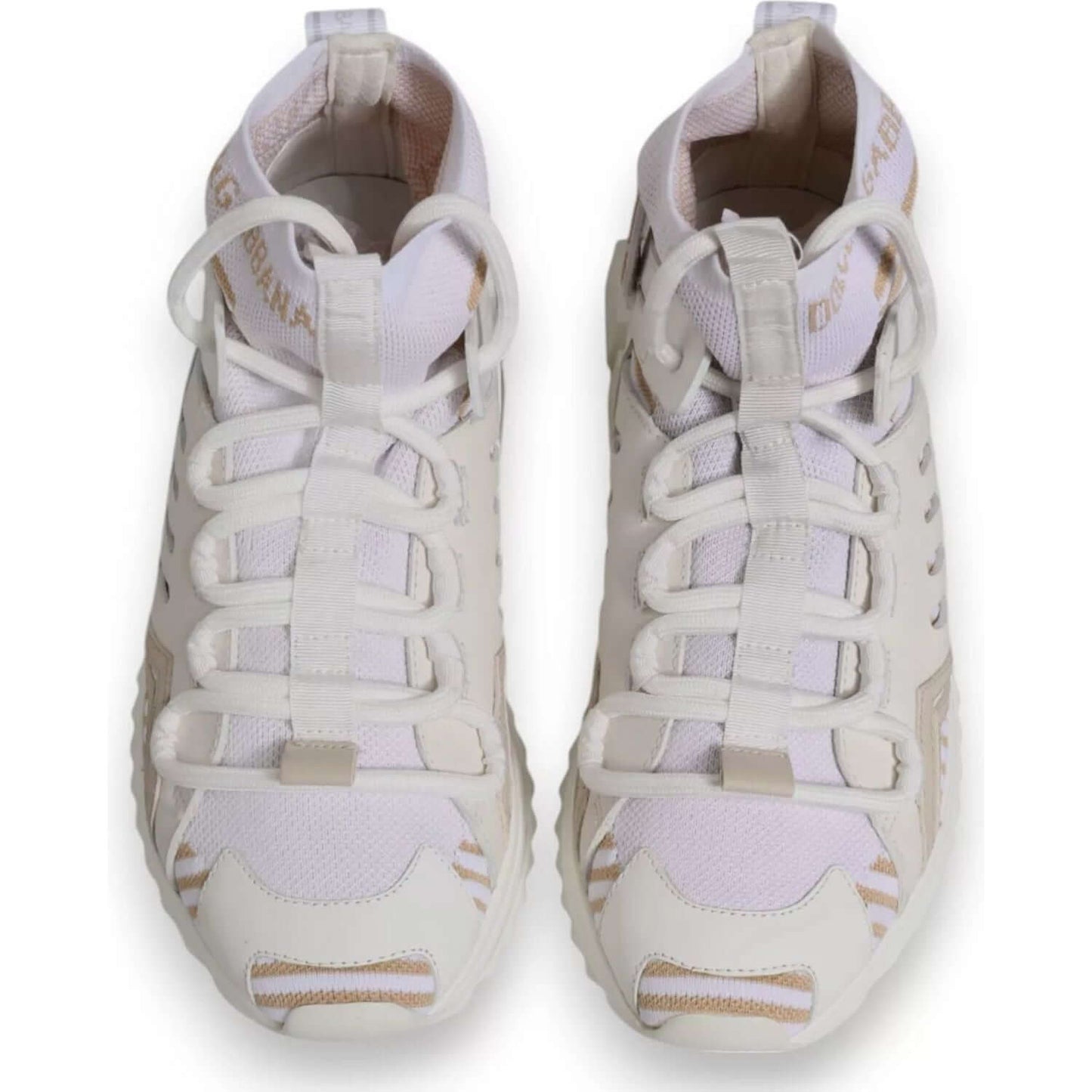 Dolce & Gabbana White Sorrento Sneakers, sock style high top, featuring logo, rubber sole, lace-up closure, front view