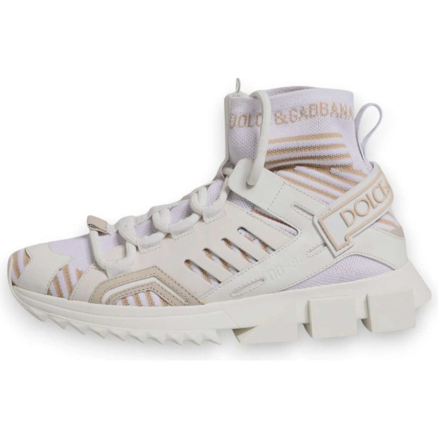 Dolce & Gabbana white Sorrento trekking sneakers with sock style high top, logo details, and rubber sole.