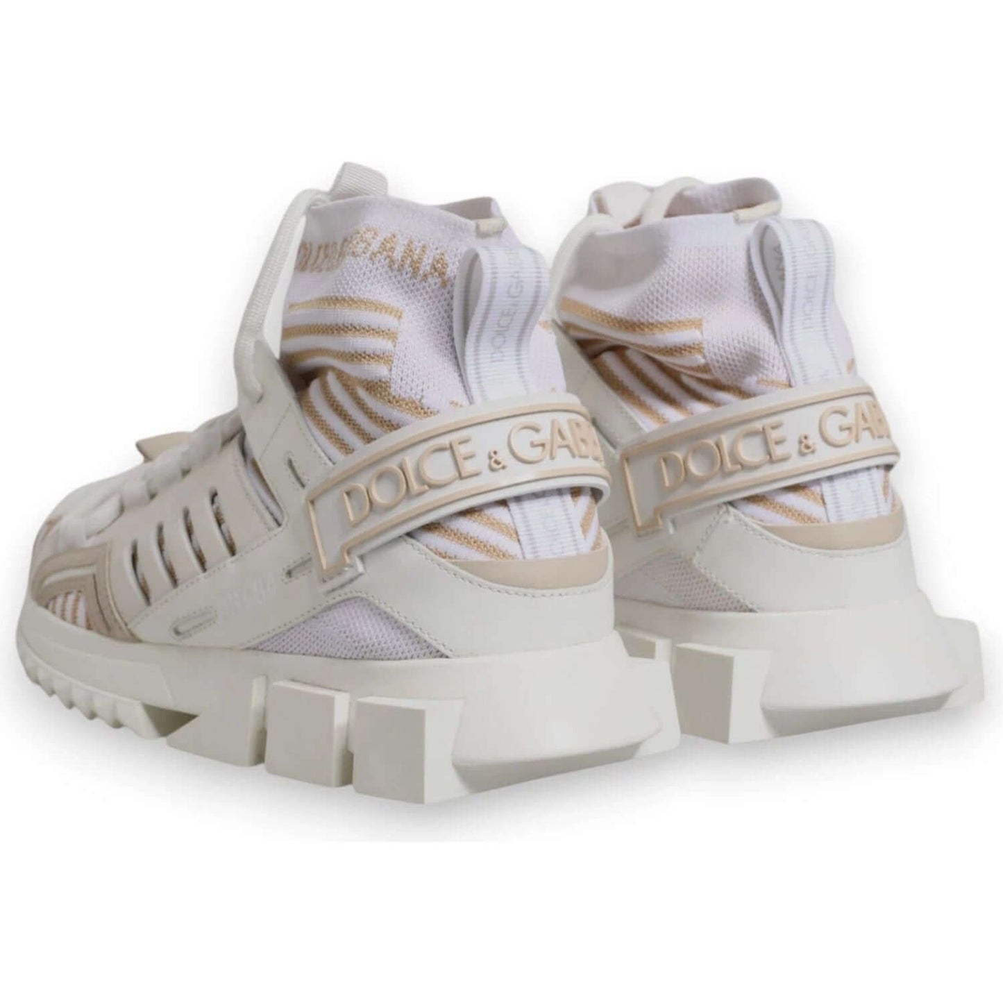 Dolce & Gabbana Sorrento white trekking sneakers with logo detail, back view of high-top sock style shoes with cleated rubber sole.