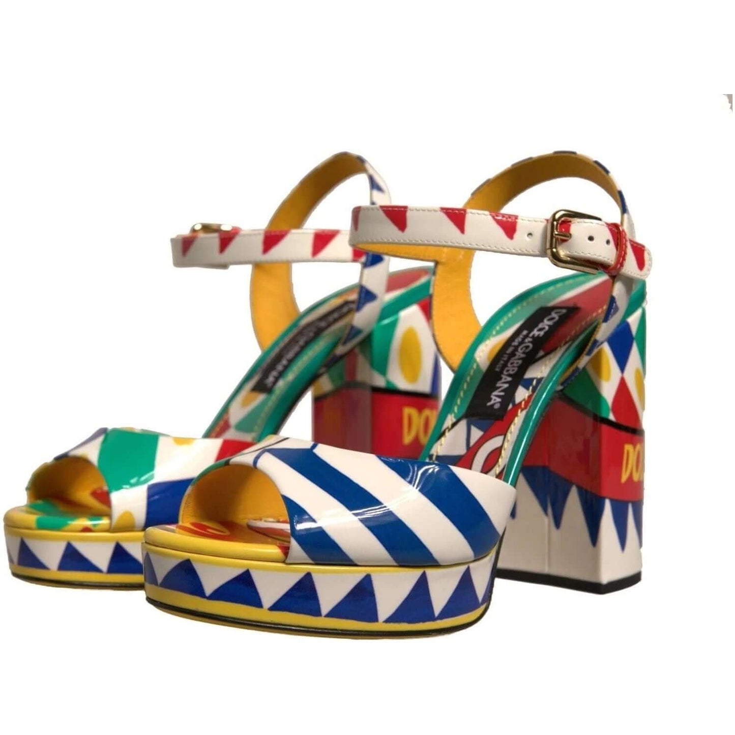 Dolce & Gabbana multicolor carretto ankle strap heels sandals, calf leather, buckle closure, luxury footwear, mismatched sizes, made in Italy
