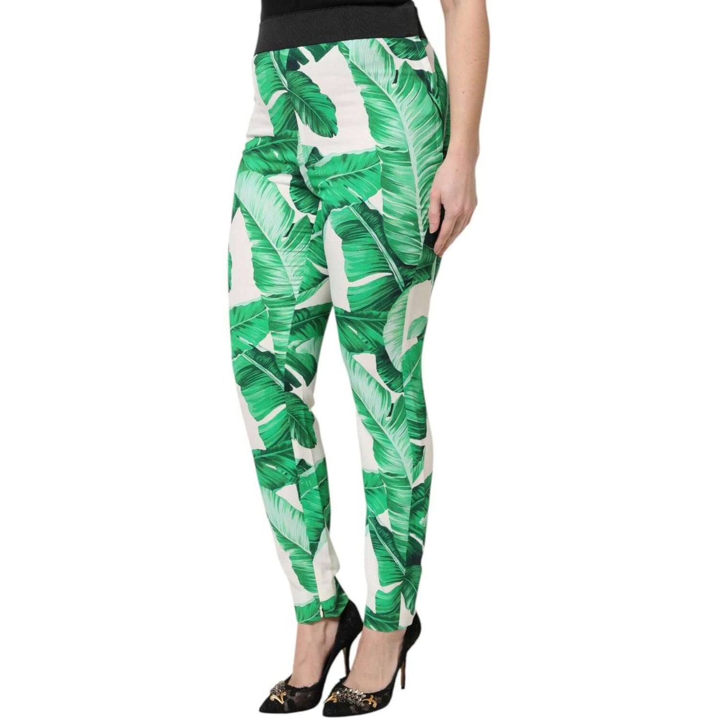Dolce & Gabbana high waist pants with green leaf print, made of viscose, showcasing luxurious Italian craftsmanship.