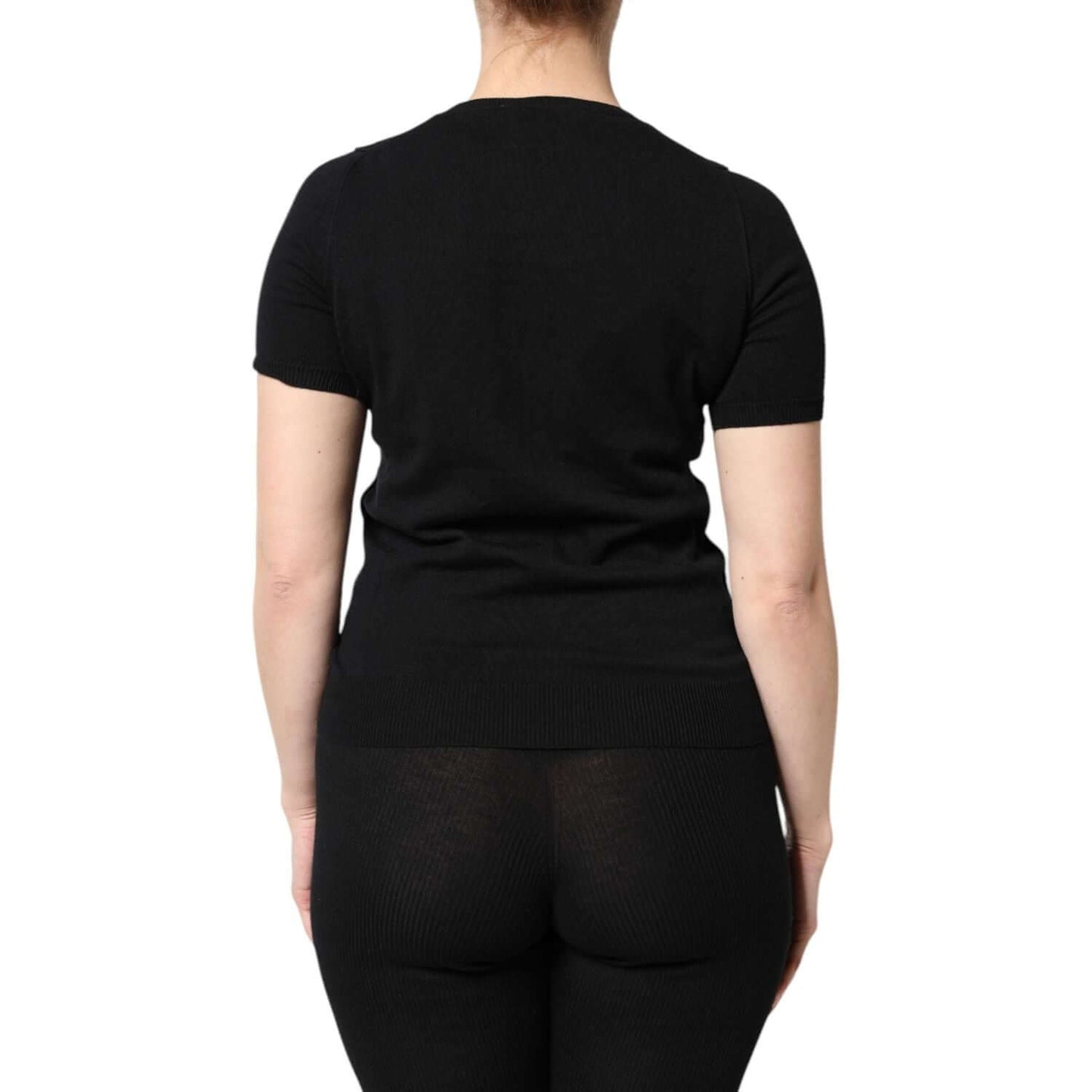 Back view of Dolce & Gabbana black cotton round neck short sleeve t-shirt showcasing style and craftsmanship.