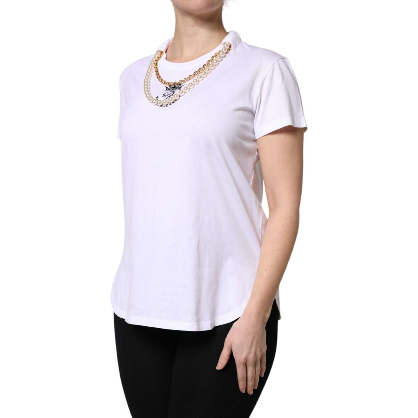 Dolce & Gabbana white cotton round neck T-shirt with chain pearl detail, short sleeves, elegant design, luxury fashion apparel.