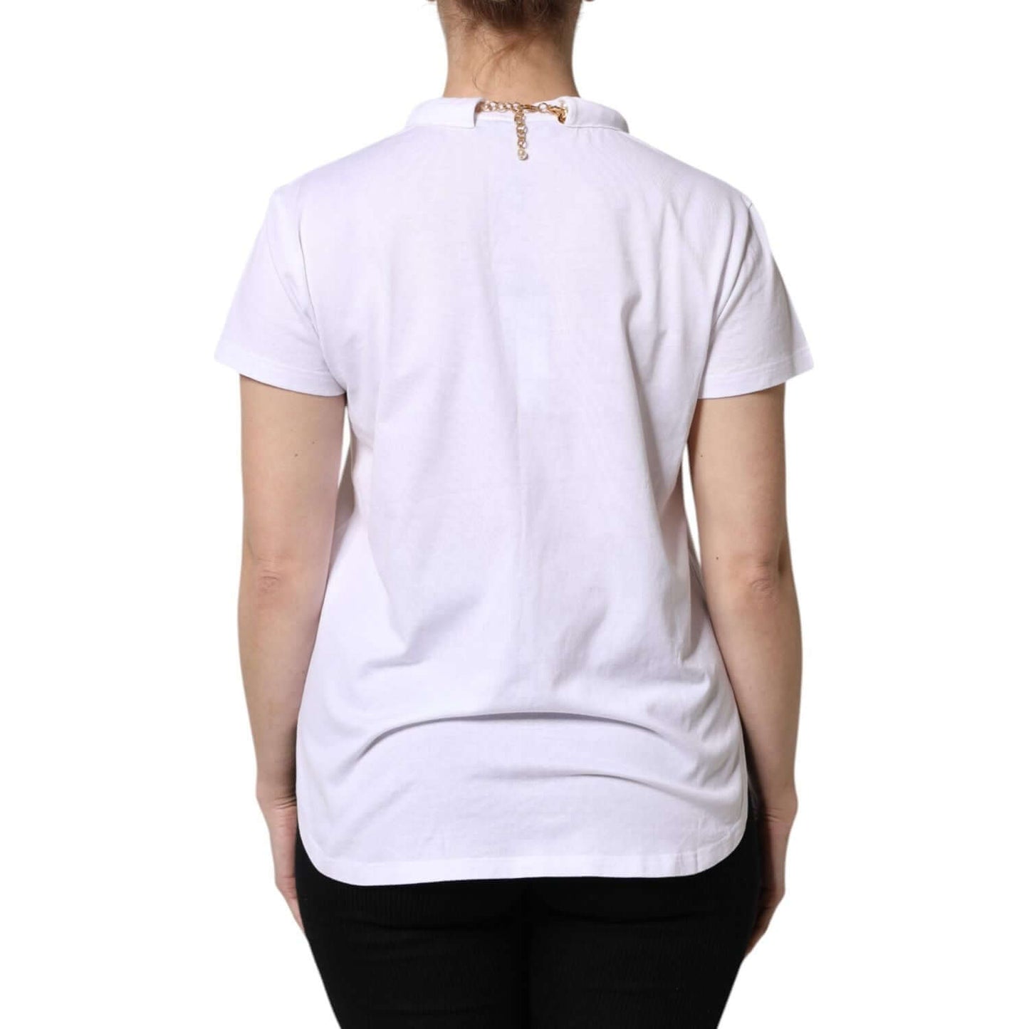 Back view of Dolce & Gabbana white cotton T-shirt with chain pearl detail and round neck.