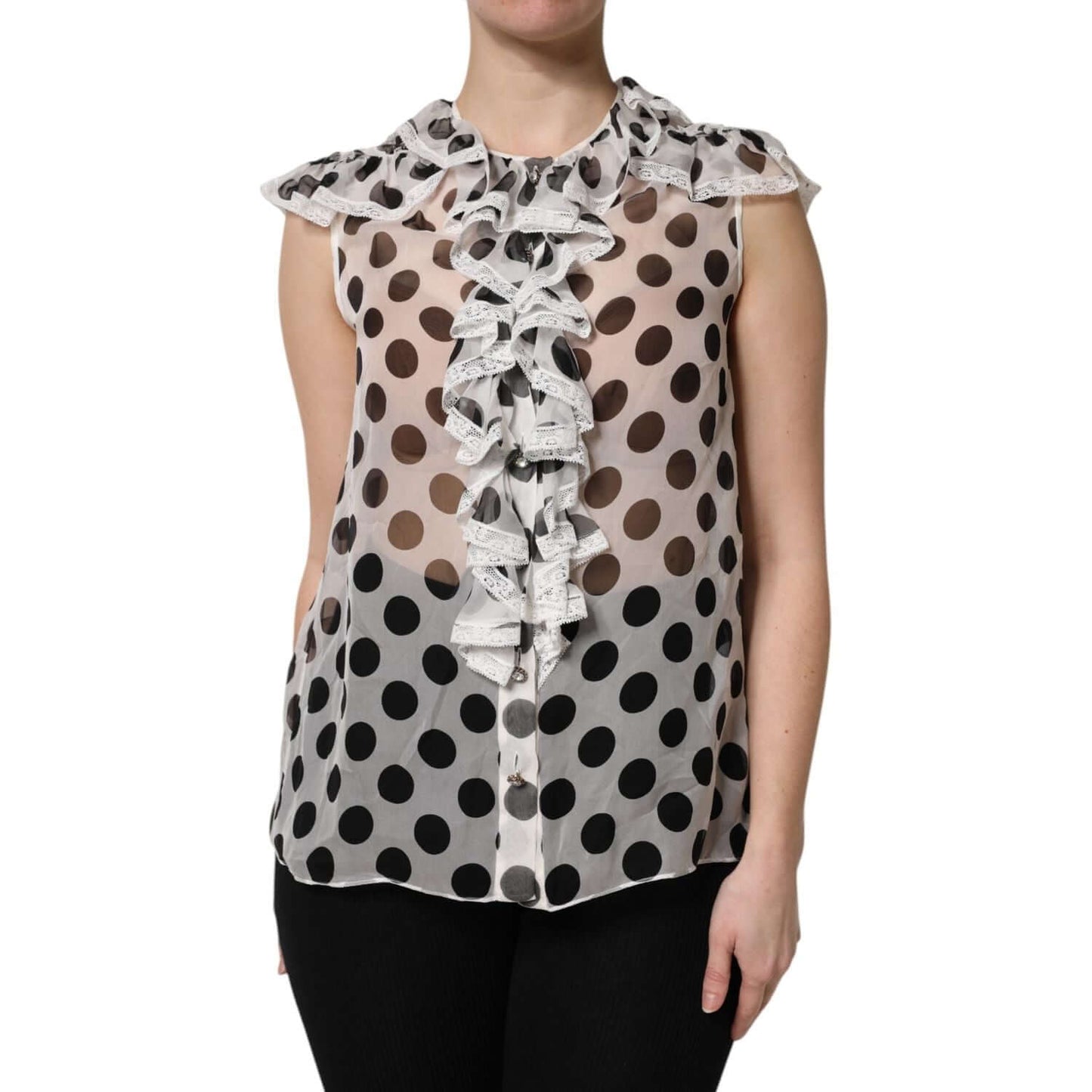 Dolce & Gabbana white black polka dot sleeveless blouse, crew neck, 90% silk, button down, Italian craftsmanship, luxury fashion.
