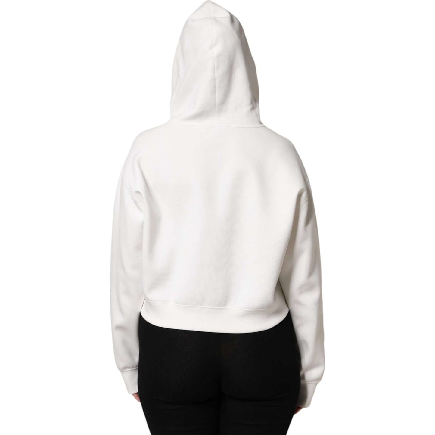 Back view of Dolce & Gabbana ivory cotton hooded pullover sweater, showcasing exclusive craftsmanship and logo details, made in Italy.