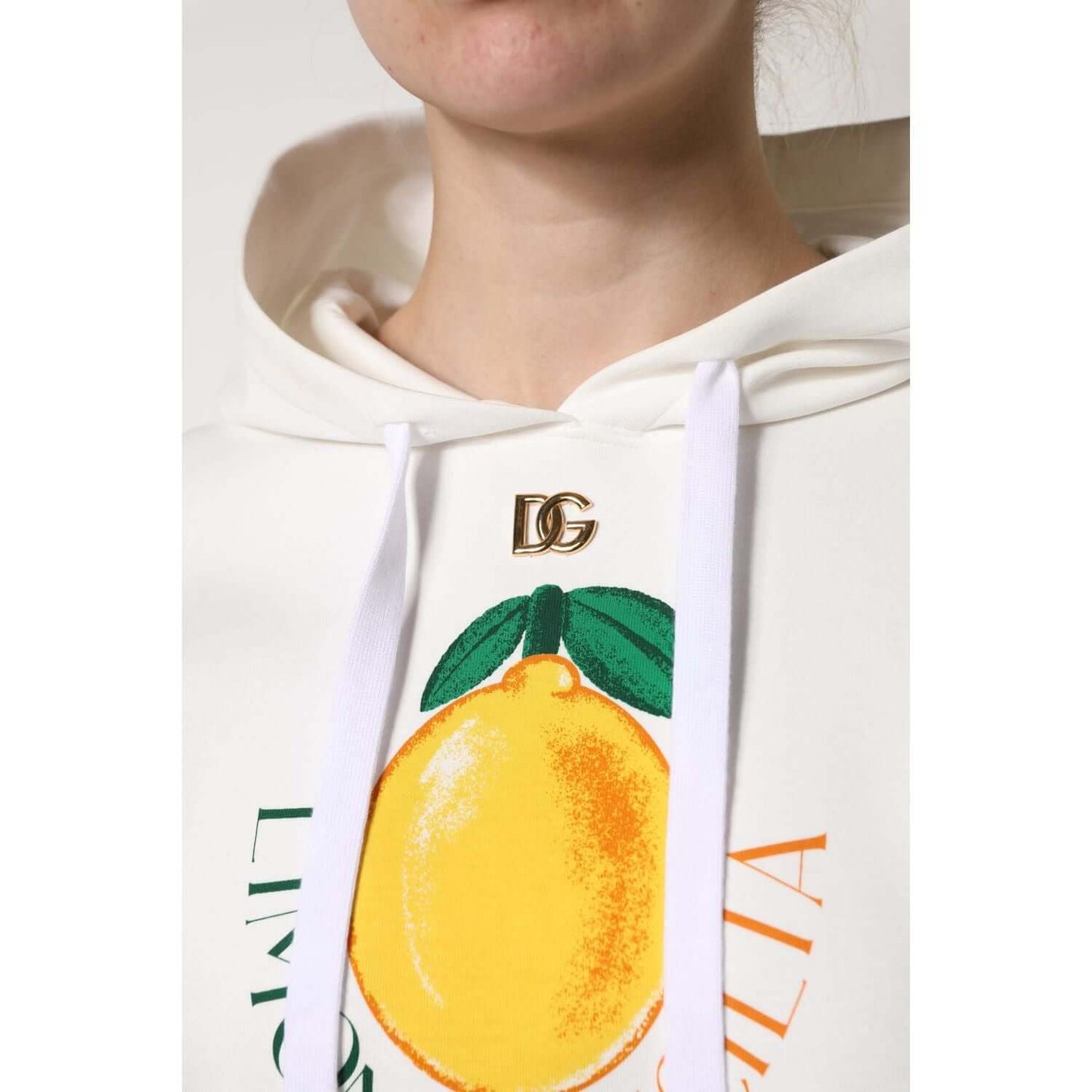 Dolce & Gabbana ivory hooded sweater with lemon print and logo detail, showcasing Italian craftsmanship.