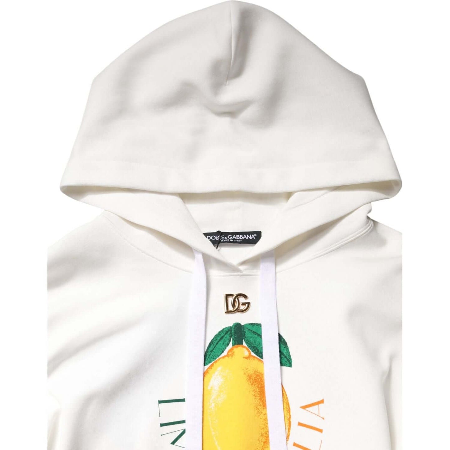 Dolce & Gabbana ivory hooded pullover sweater with lemon print and logo detailing, made in Italy with high craftsmanship.