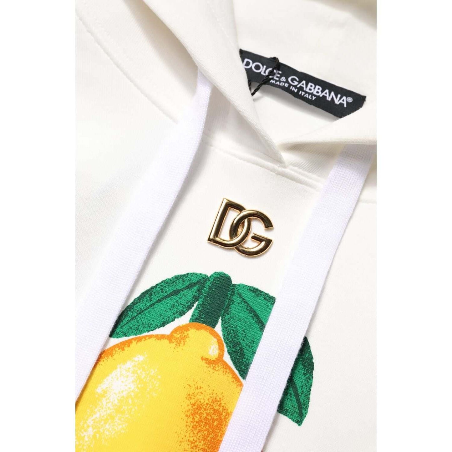 Dolce & Gabbana ivory cotton hooded pullover with lemon graphic and gold logo detail, made in Italy.