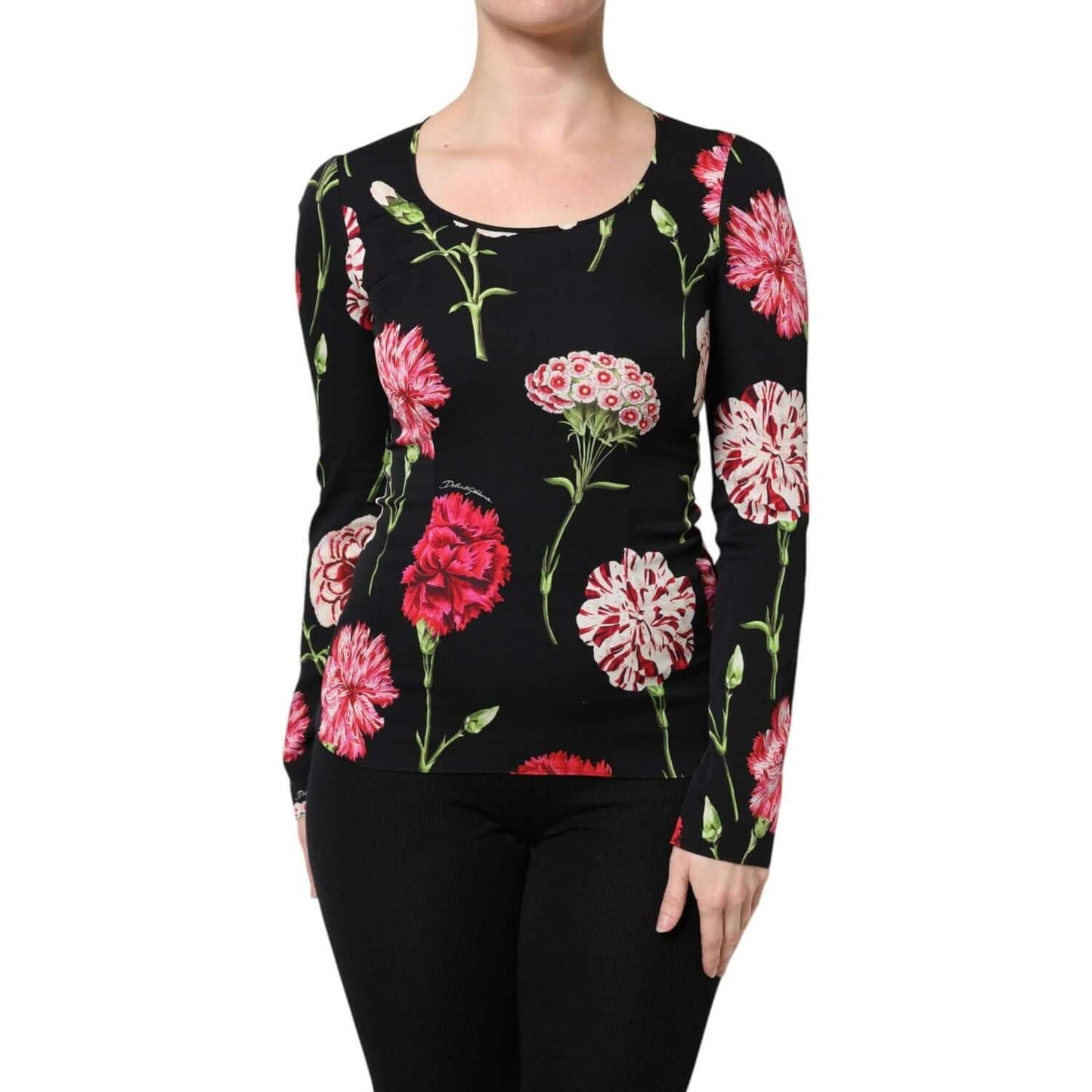 Dolce & Gabbana women's black floral long sleeve blouse, silk blend, zipper closure, exclusive Italian craftsmanship.
