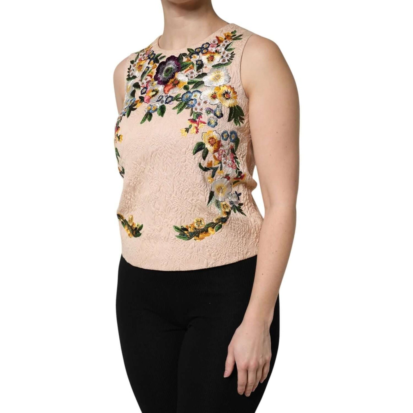 Dolce & Gabbana beige sleeveless tank top with floral embroidery, 91% cotton, elegant design, Italian craftsmanship.