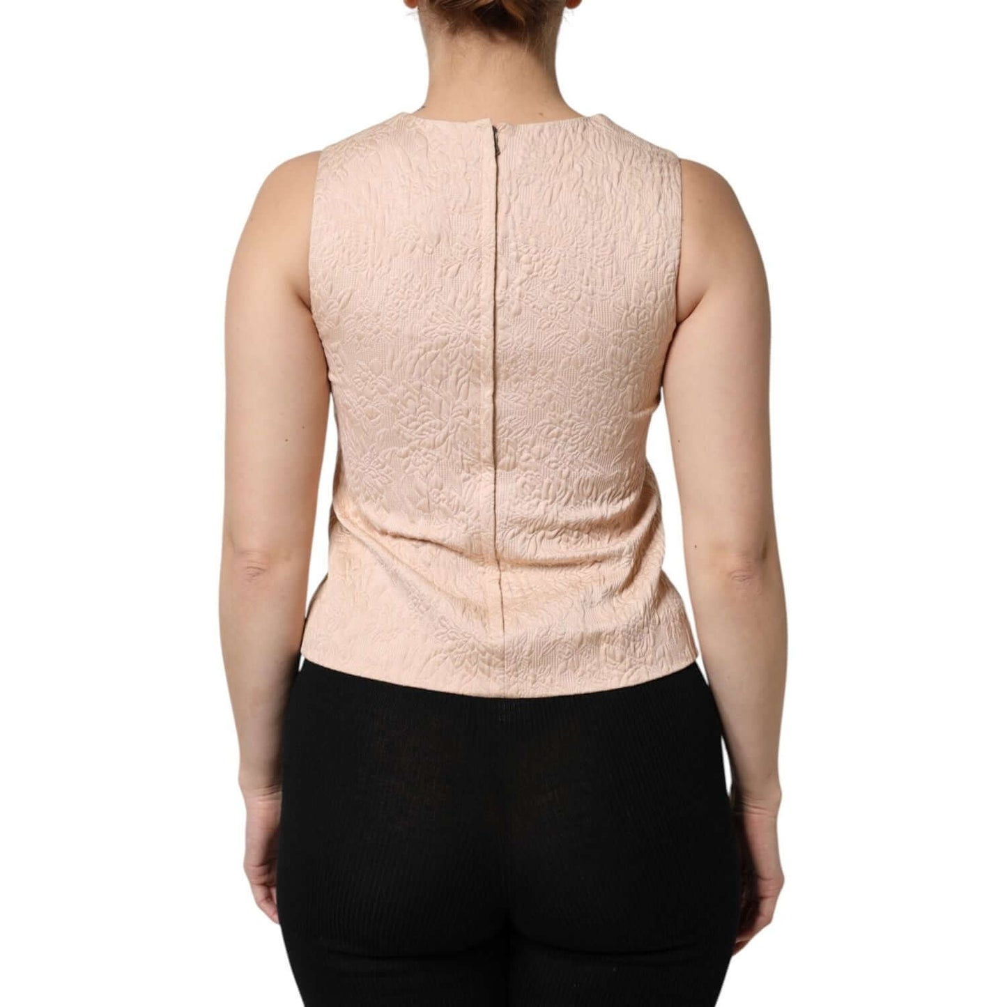 Back view of Dolce & Gabbana beige floral embroidery sleeveless tank top with zipper closure.