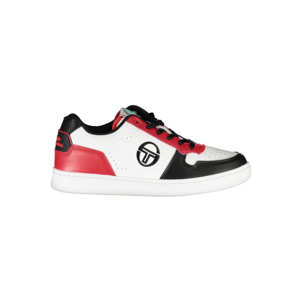Sergio Tacchini white polyester men's sneaker with red and black accents and iconic embroidery, showcasing sports luxe design.