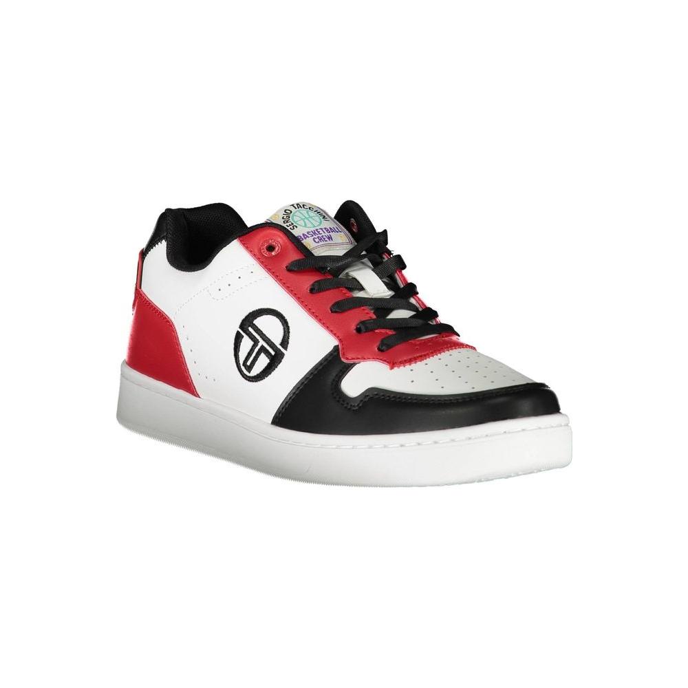 Sergio Tacchini white men's sneakers with red and black accents, featuring iconic embroidery on the side.