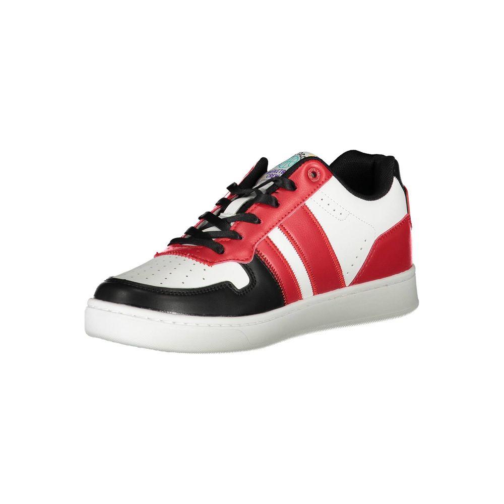 Red, black, and white men's sneaker with lace-up design and sporty aesthetic, featuring a sleek contrast pattern, ideal for casual wear.