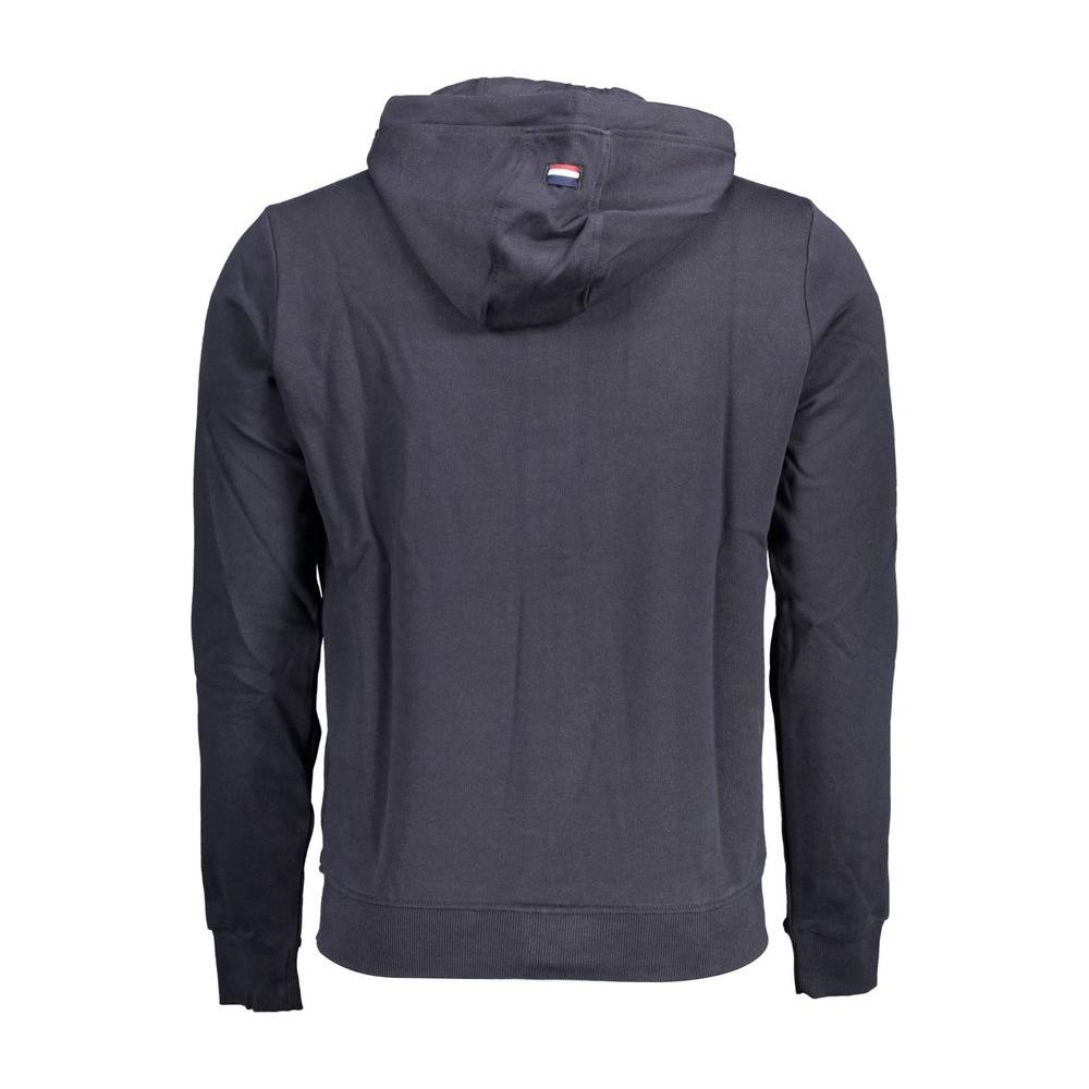 Back view of U.S. POLO ASSN. blue hooded sweatshirt with embroidery logo, showcasing cozy cotton blend perfect for cool weather.