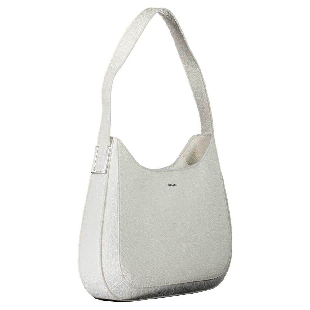 Calvin Klein white polyester women's handbag with shoulder strap and zip closure, modern sustainable design.