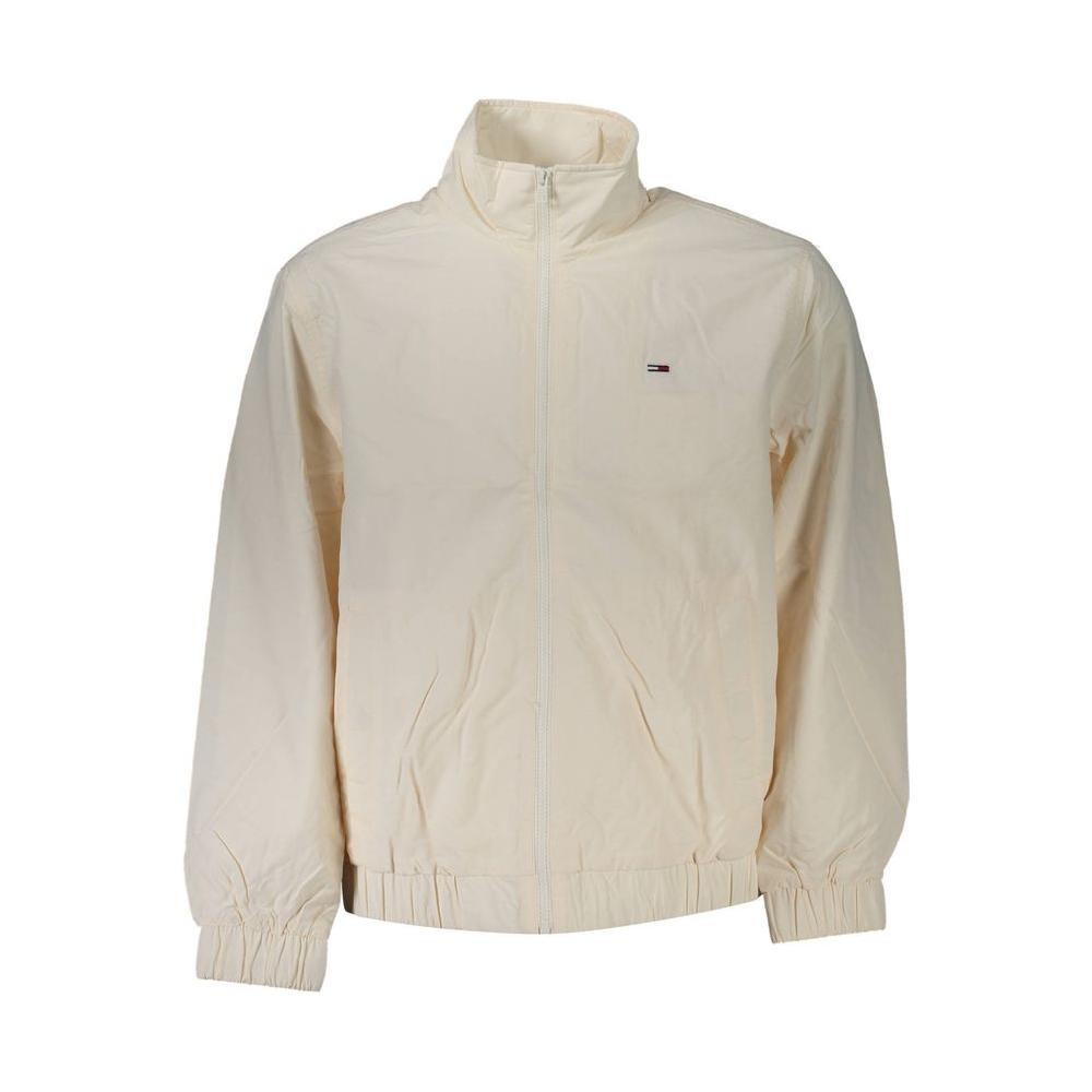 Tommy Hilfiger white men's jacket with elastic cuffs and waist, featuring two outside pockets and a zip closure for a stylish, eco-friendly look.