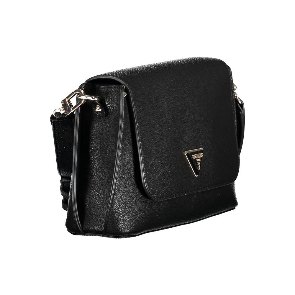 Guess Jeans black polyethylene handbag with adjustable strap, internal pocket, contrast details, and logo on the front.