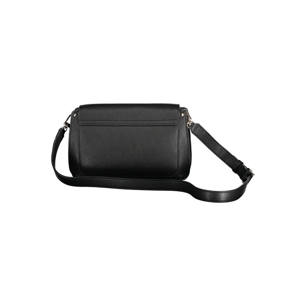 Guess Jeans black polyethylene handbag with adjustable shoulder strap, internal pocket, protective feet, and snap closure.