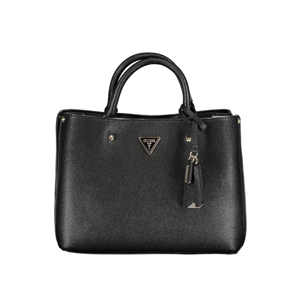 Black Guess Jeans handbag with dual handles, adjustable strap, and logo detail, featuring multiple compartments and protective feet.