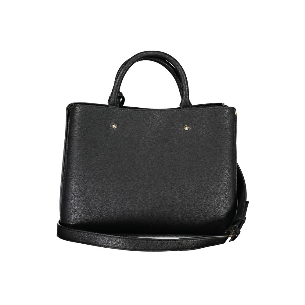 Guess Jeans black polyethylene handbag with dual handles, adjustable strap, three compartments, and protective feet.
