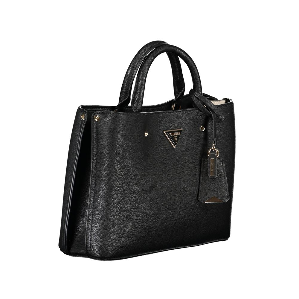 Elegant Guess Jeans black handbag with adjustable strap, 3 compartments, protective feet, and contrast details.