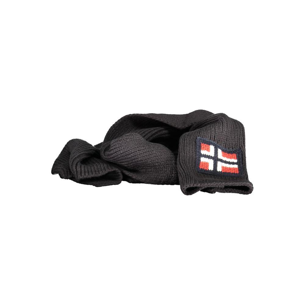 Black acrylic scarf with 1963 Norway embroidery logo, size 180x28 cm, stylish and warm accessory.