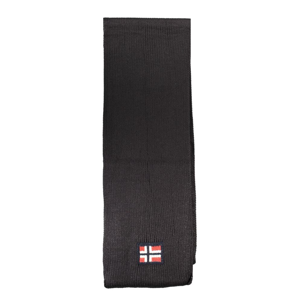 Black acrylic scarf with Norway embroidery logo, size 180x28 cm. Elegant and warm accessory for winter fashion.