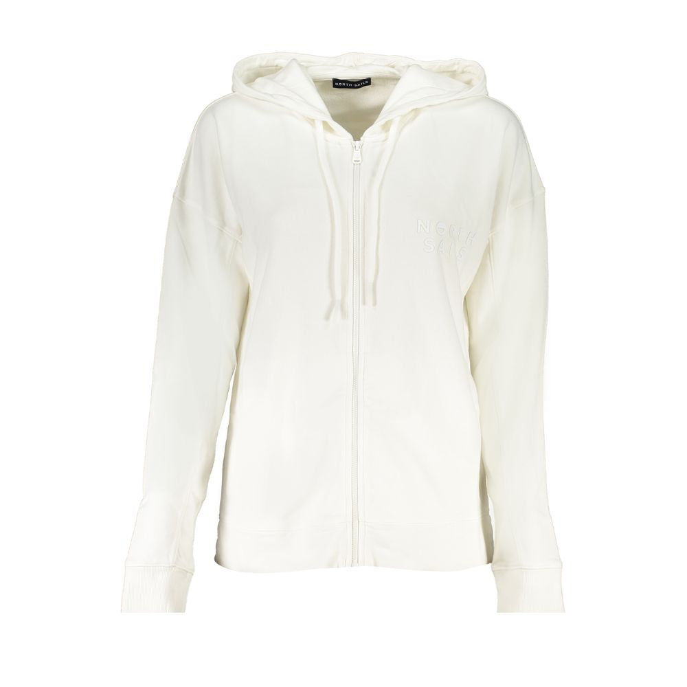 North Sails white cotton hooded sweatshirt, long-sleeved with zip, logo, and two pockets, made from organic brushed cotton.