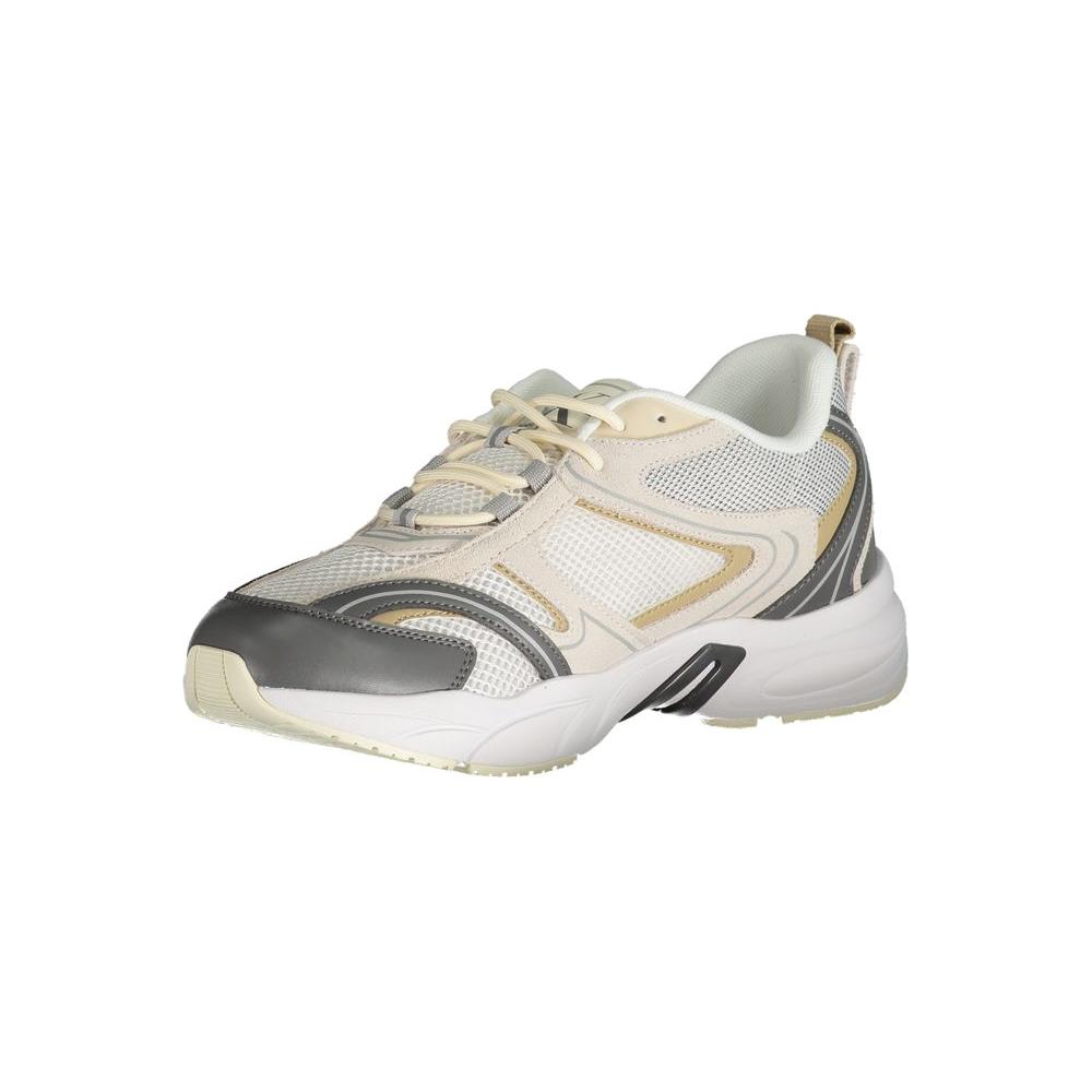 Calvin Klein beige polyester sneaker with laces, contrast details, print logo, ideal for sports footwear enthusiasts.