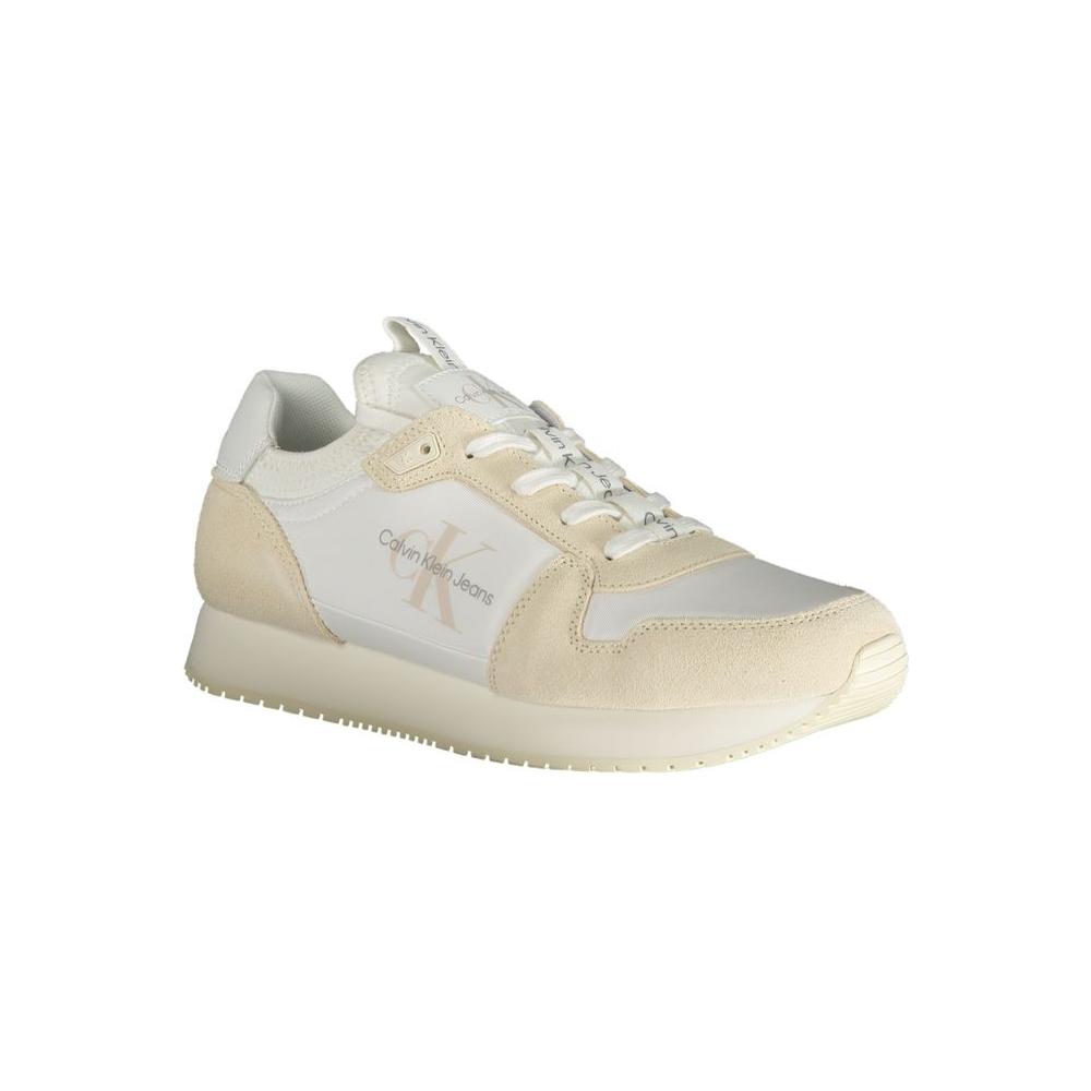 Calvin Klein white polyester sneaker with laces, contrast details, and logo, ideal sports footwear.