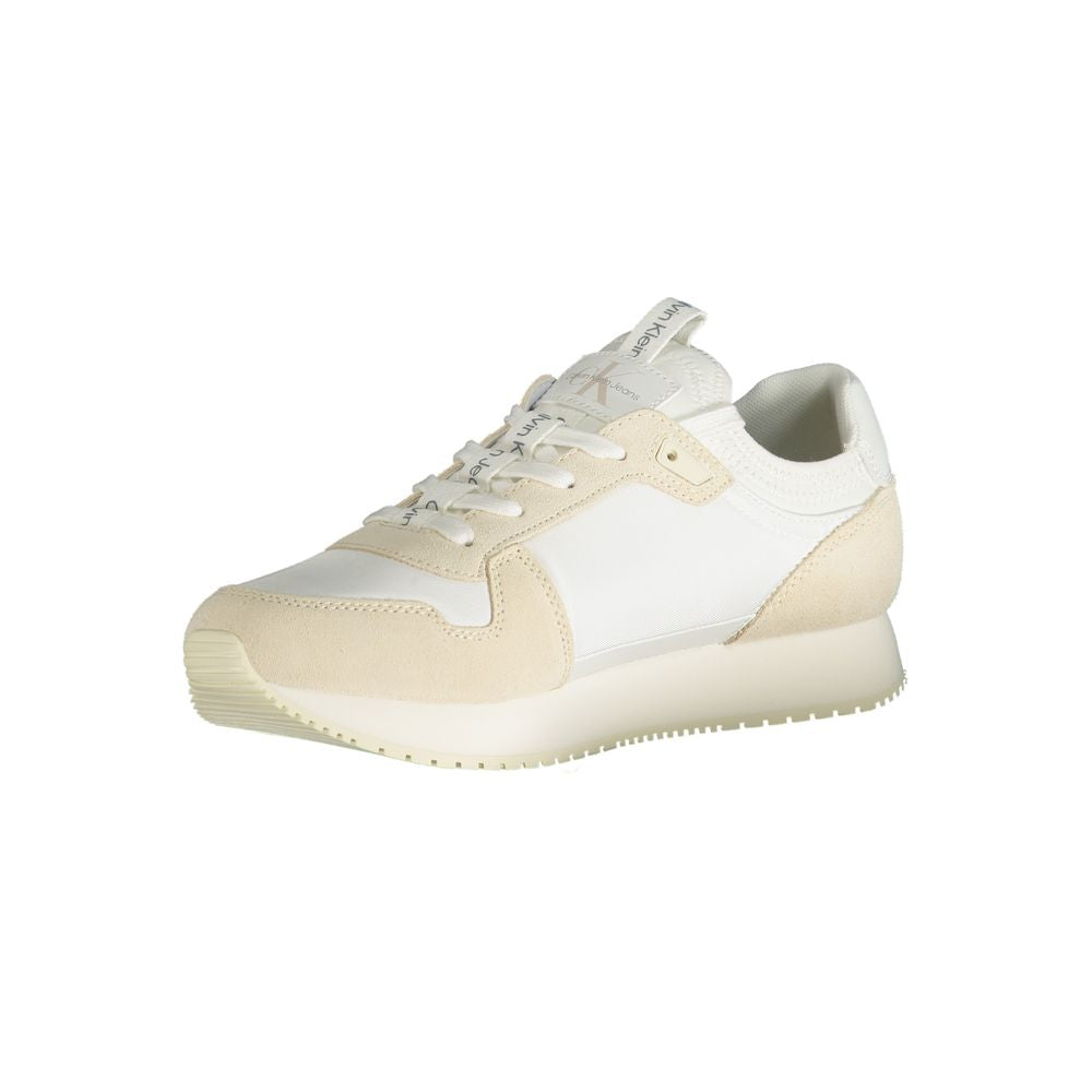 Calvin Klein white polyester sneaker with laces and contrast details, featuring logo, perfect for sports footwear enthusiasts.