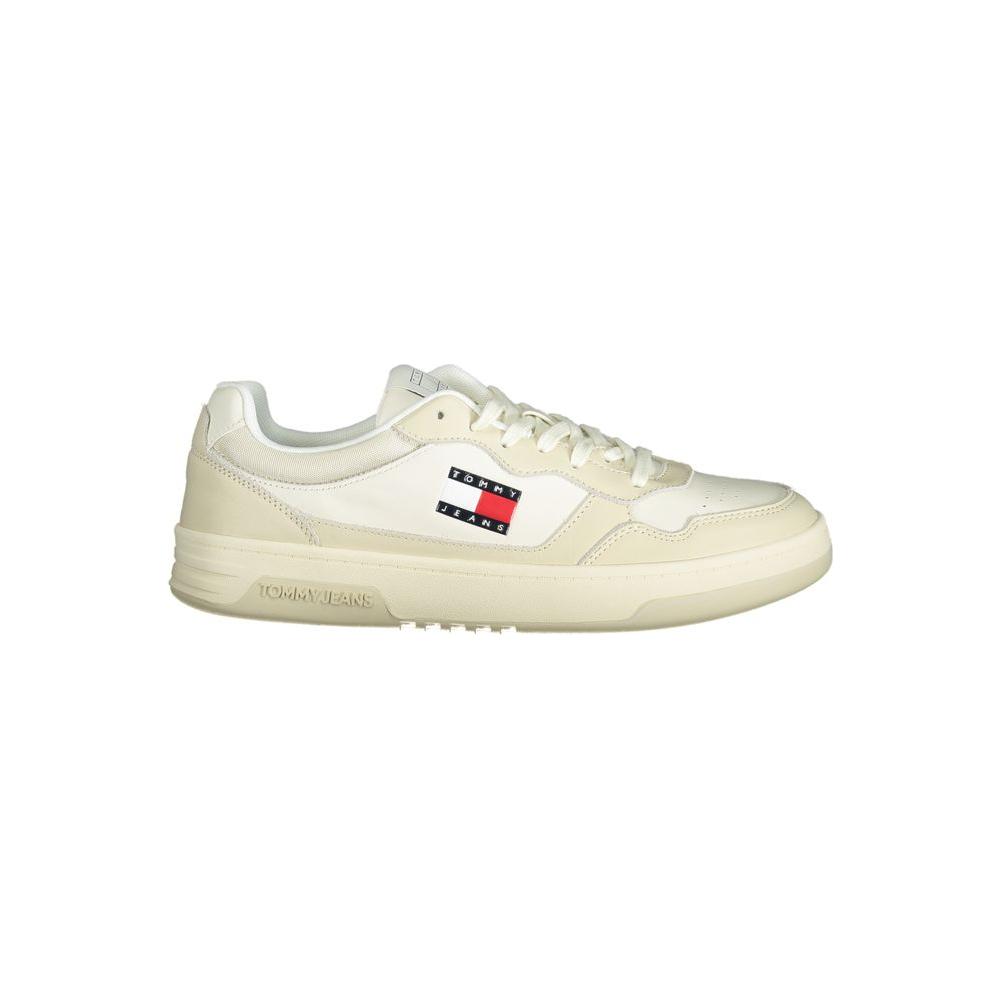 Tommy Hilfiger beige polyethylene men's sneaker with lace-up design and iconic logo, featuring a removable footbed and cream accents.