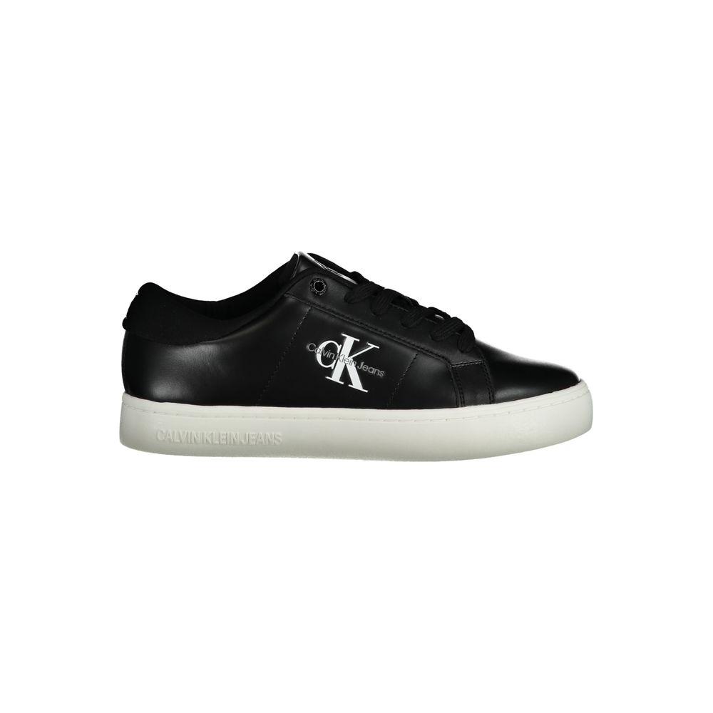 Calvin Klein black women's sneaker with logo, polyethylene upper, lace-up design, white sole, modern urban footwear.